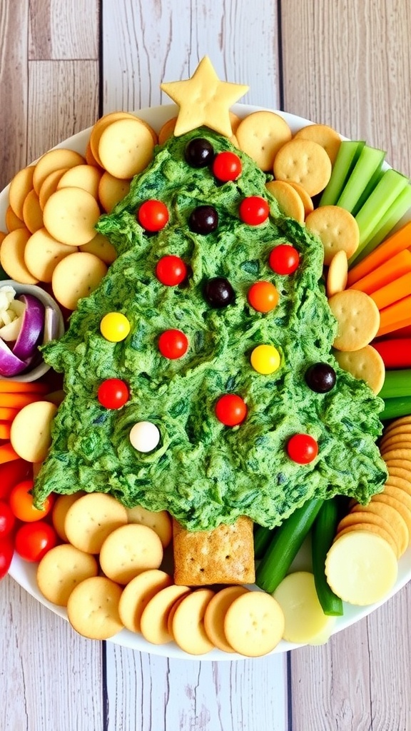 A festive spinach dip shaped like a Christmas tree, surrounded by crackers and vegetables.